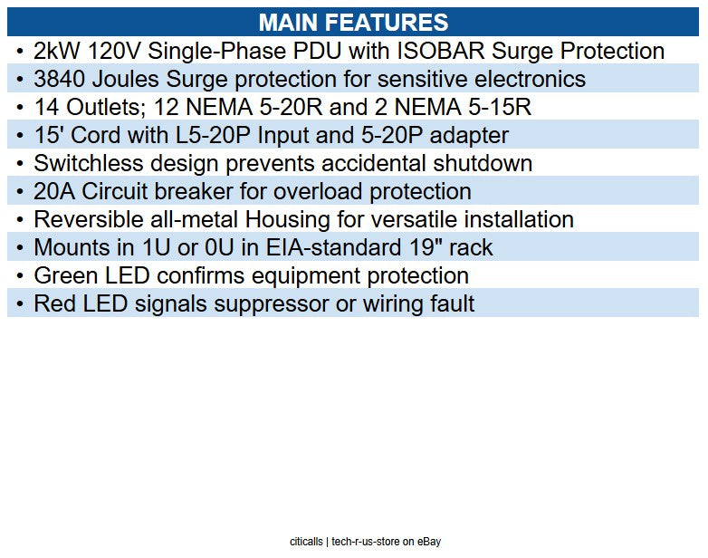 Eaton PDUH20-ISO PDU 1.92kW 120V Single-Phase Basic with ISOBAR Surge Protection