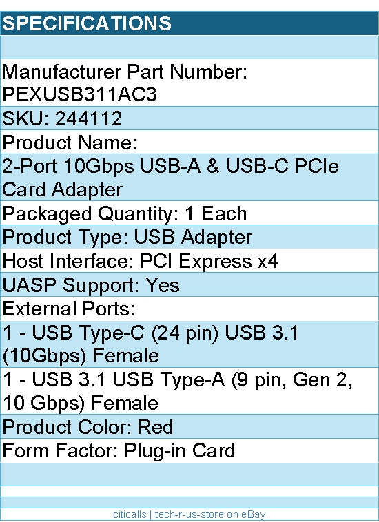 StarTech PEXUSB311AC3 2-Port 10Gbps USB-A & USB-C PCIe Card Adapter