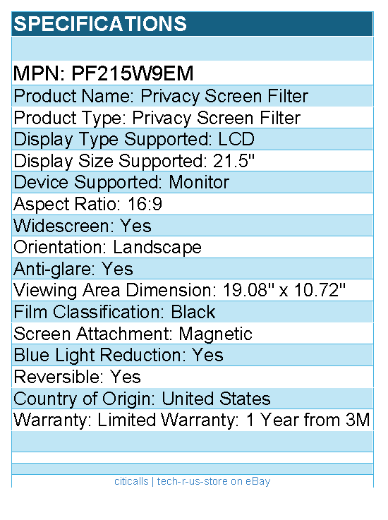 3M PF215W9EM Privacy Filter for 21.5in Full Screen Monitor - Black