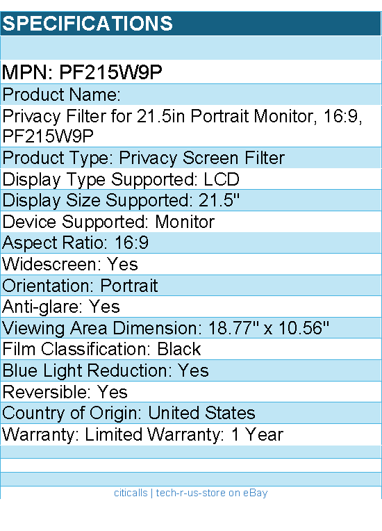 3M PF215W9P Privacy Filter for 21.5in Portrait Monitor, 16:9 - Black, Matte