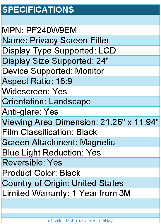 3M PF240W9EM Privacy Filter for 24in Full Screen Monitor - Black