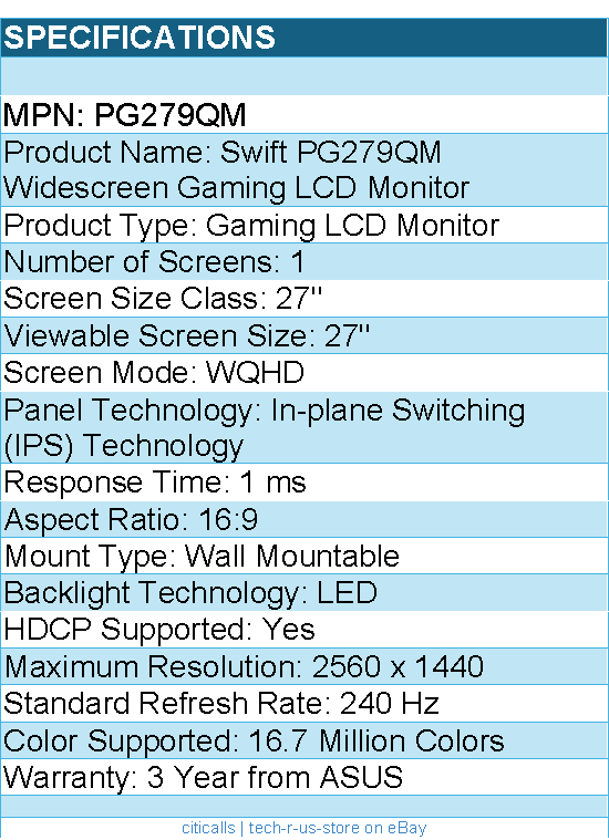 ASUS PG279QM ROG Swift 27" 1440P Gaming LCD Monitor - QHD (2560 x 1440)