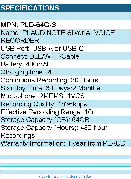 PLAUD PLD-64G-SI PLAUD NOTE Silver AI VOICE RECORDER Retail