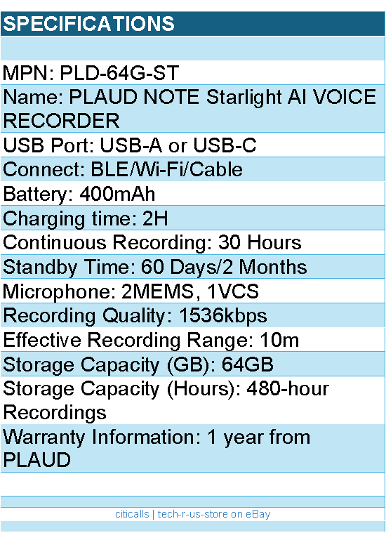 PLAUD PLD-64G-ST PLAUD NOTE Starlight AI VOICE RECORDER Retail