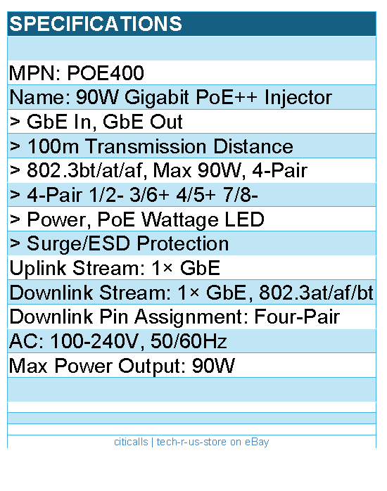 Cudy POE400 90W Gigabit PoE++ PoE+ PoE Injector Retail - Plug & Play - Black