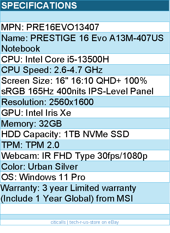 MSI PRE16EVO13407 Notebook - Prestige 16Evo A13M-407US 16" Core i5-13500H 32GB