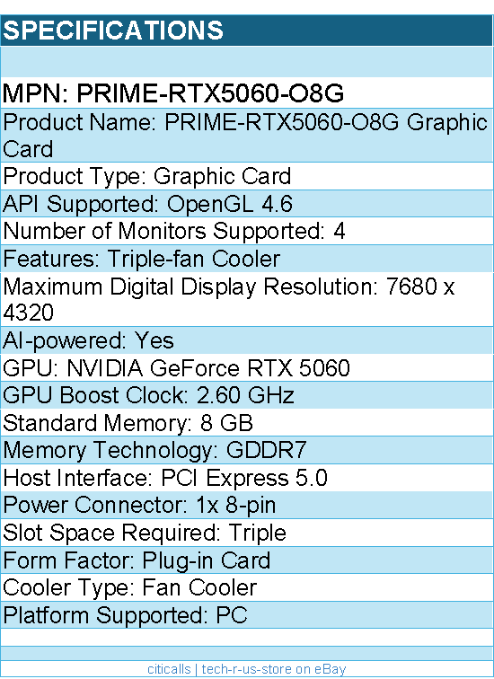 ASUS PRIME-RTX5060-O8G NVIDIA GeForce 5060 Graphic Card - 8 GB GDDR7 - 1x 8-pin