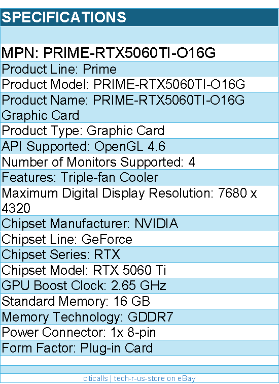 ASUS PRIME-RTX5060TI-O16G NVIDIA GeForce RTX 5060 Ti Graphic Card - 16 GB GDDR7