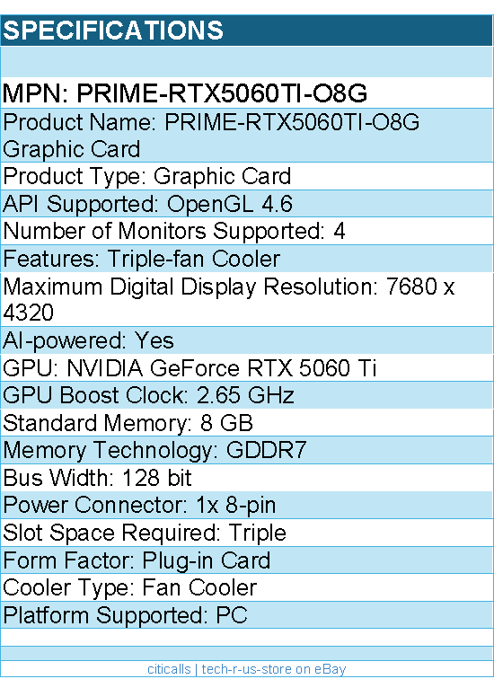 ASUS PRIME-RTX5060TI-O8G NVIDIA GeForce RTX 5060 Ti Graphic Card - 8 GB