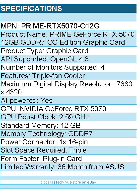 ASUS PRIME-RTX5070-O12G 12 GB NVIDIA GeForce RTX 5070 Graphic Card -Plug-in Card