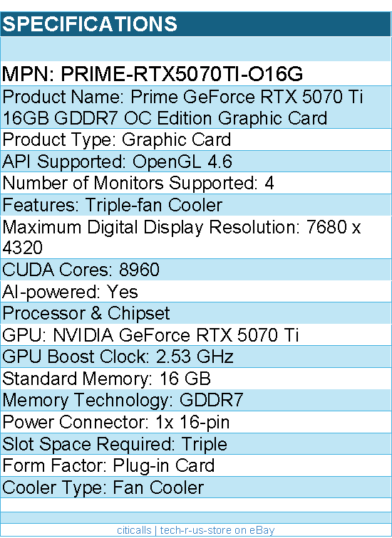 ASUS PRIME-RTX5070TI-O16G NVIDIA GeForce RTX 5070 Ti Graphic Card - 16 GB GDDR7