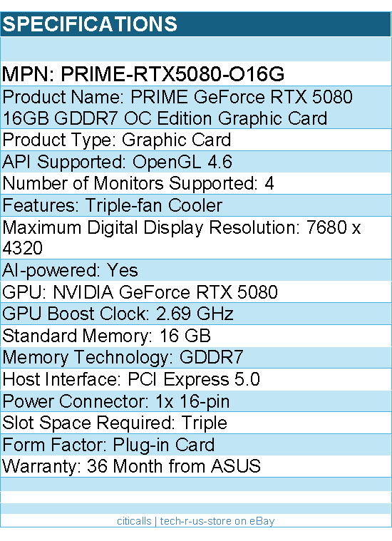 ASUS PRIME-RTX5080-O16G NVIDIA GeForce RTX 5080 Graphic Card - 16 GB GDDR7