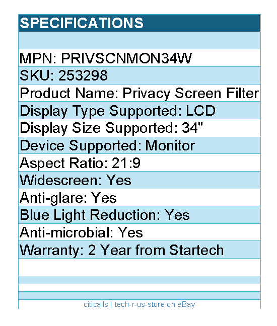 StarTech PRIVSCNMON34W Monitor Privacy Screen for 34 inch Ultrawide Display