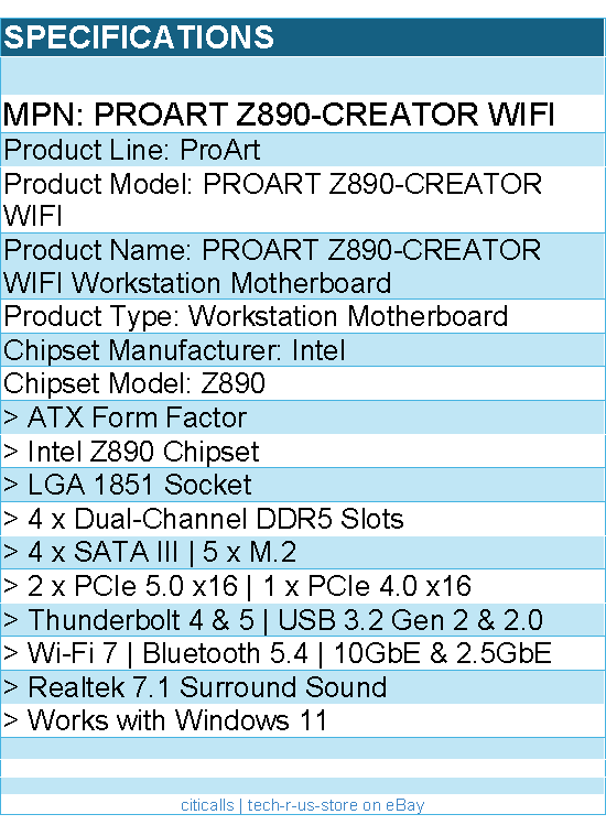 ASUS PROART Z890-CREATOR WIFI ProArt Workstation Motherboard
