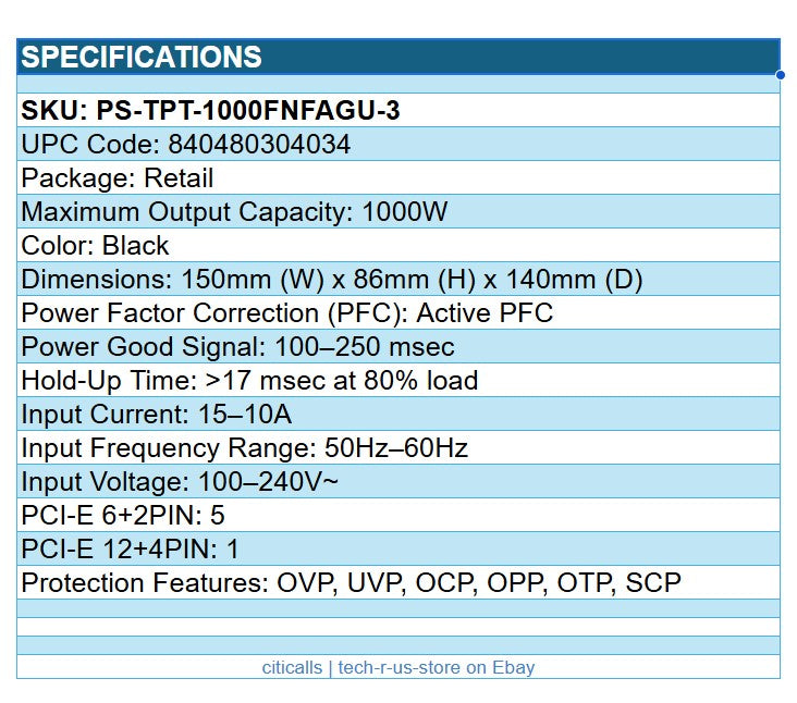 ThermalTake PS-TPT-1000FNFAGU-3 Toughpower 1000W 80+ Gold Full Modular Power Sup