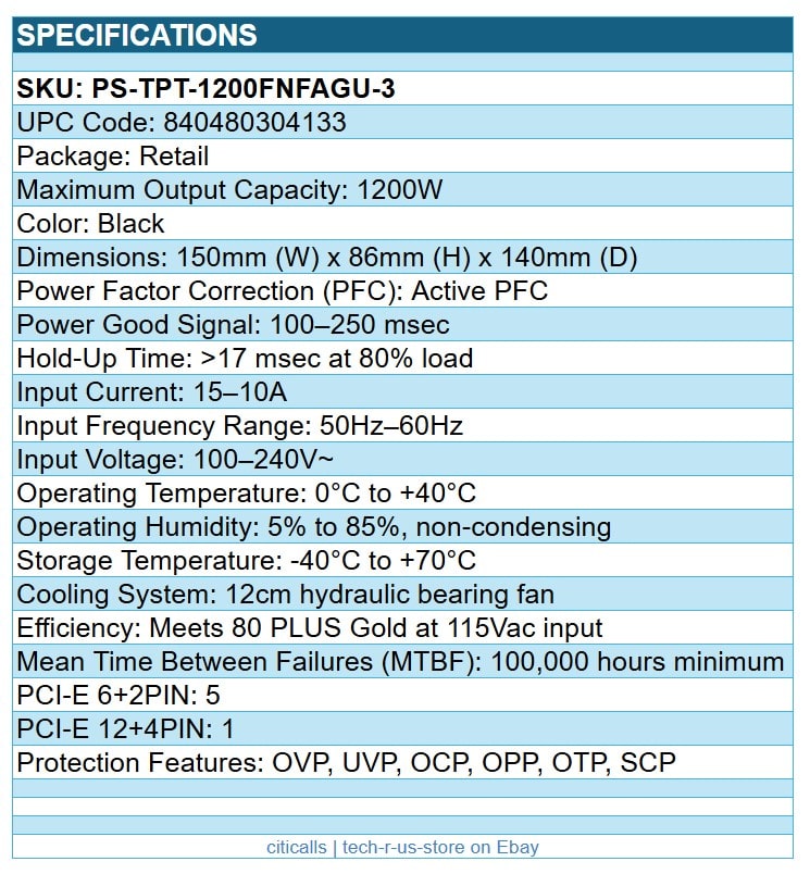 ThermalTake PS-TPT-1200FNFAGU-3 Toughpower 1200W 80+ Gold Full Modular Power Sup