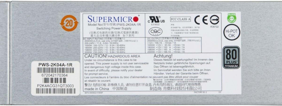 Supermicro PWS-2K04A-1R Power Supply - 2000W Titanium Level 96% High-Efficiency