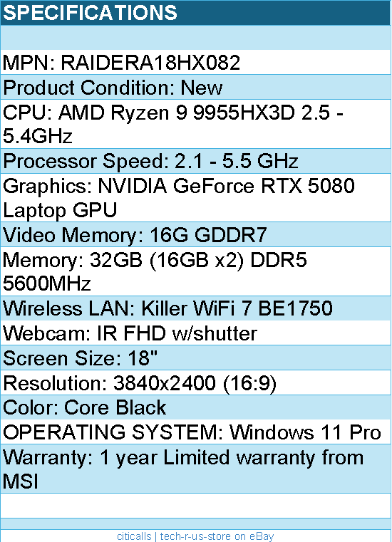 MSI RAIDERA18HX082 Raider A18 HX A9WIG-082US 18" UHD+ Gaming Laptop