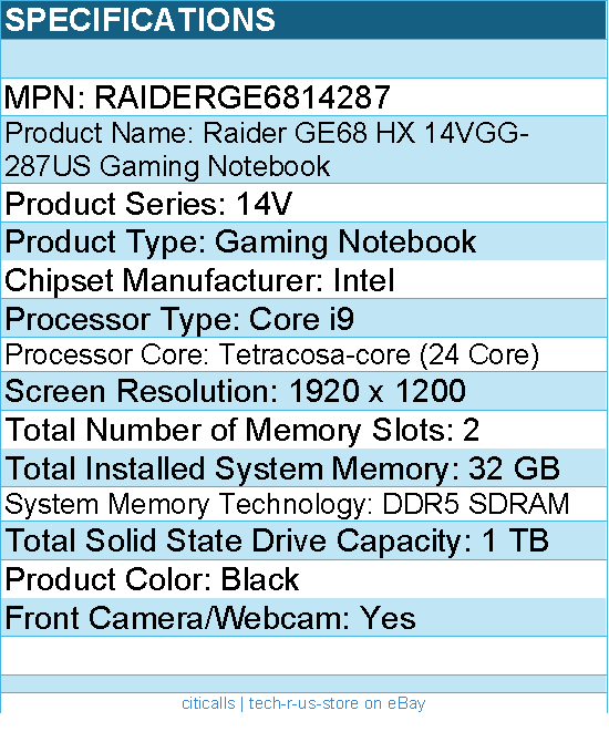MSI RAIDERGE6814287 Raider GE68 HX 14VGG-287US 16" Gaming Notebook