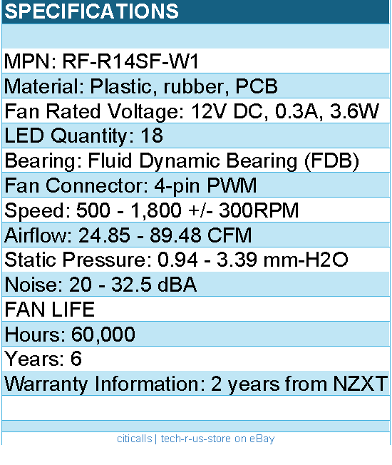 NZXT RF-R14SF-W1 F140 RGB 140mm Fan FDB 12V DC 4-pin PWM White Retail