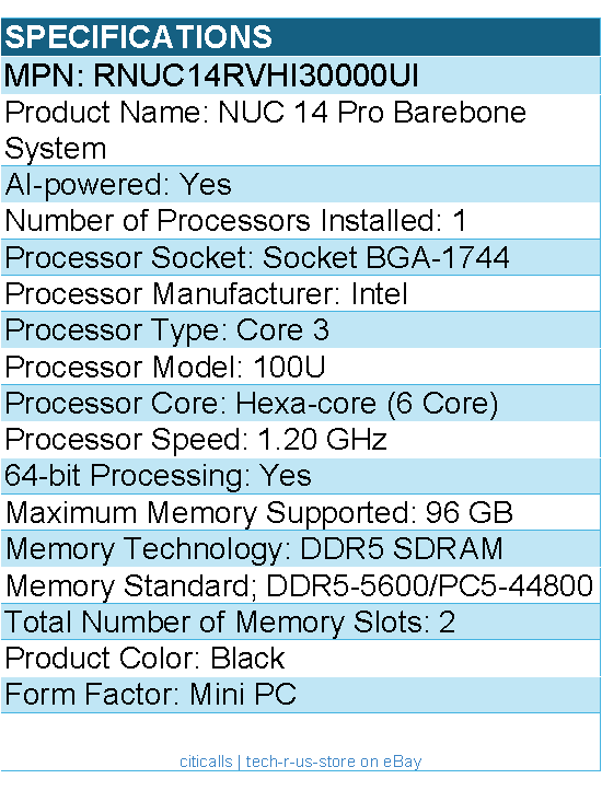 ASUS RNUC14RVHI30000UI NUC 14 Pro Barebone System - Mini PC - Black