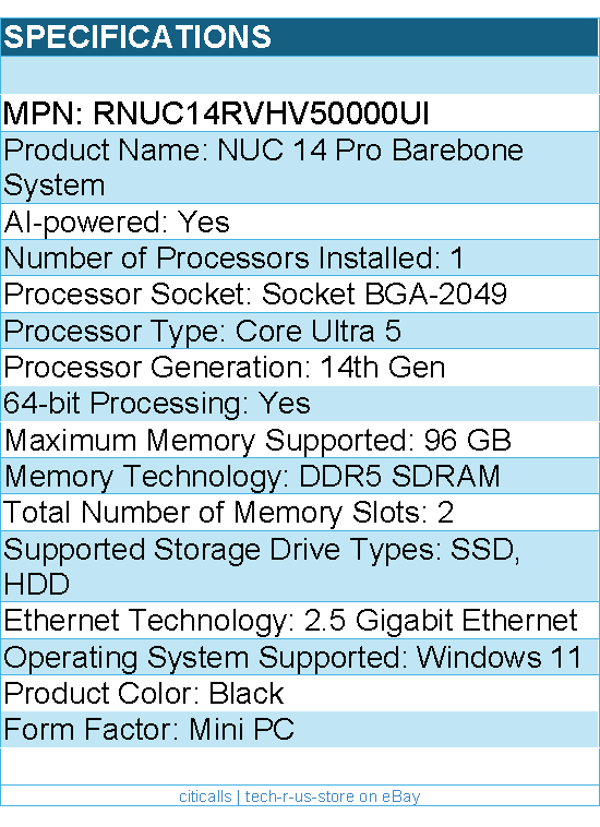 ASUS RNUC14RVHV50000UI NUC 14 Pro Barebone System - Mini PC - Socket BGA-2049