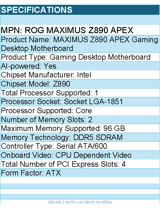 ASUS ROG MAXIMUS Z890 APEX Intel  Z890 LGA 1851 ATX - Gaming Desktop Motherboard