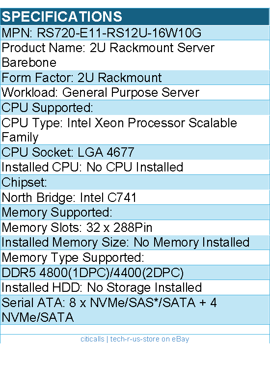 ASUS RS720-E11-RS12U-16W10G 2U Rackmount Server Barebone - LGA 4677