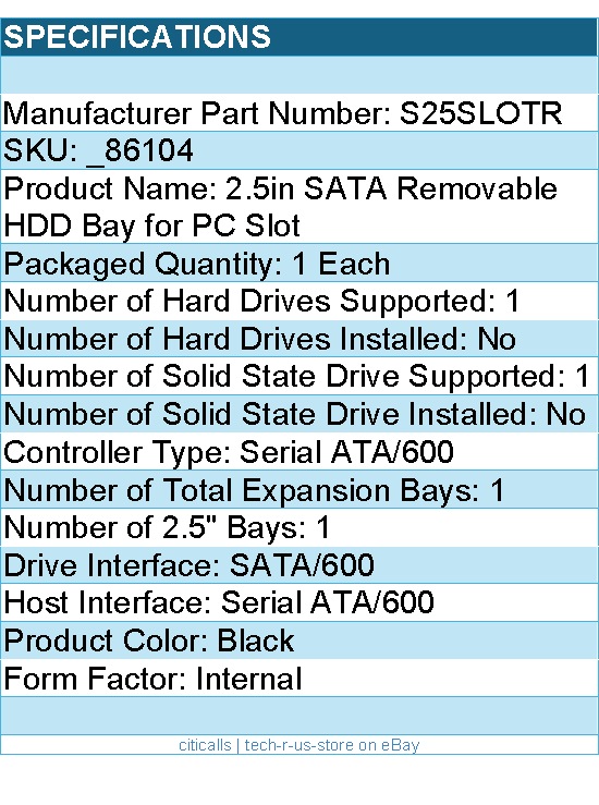 Startech S25SLOTR 2.5inch SATA Removable Hard Drive Bay for PC Expansion Slot