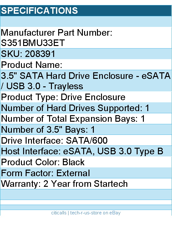 StarTech RD S351BMU33ET 3.5 SATA Hard Drive Enclosure eSATA USB3.0 Trayless