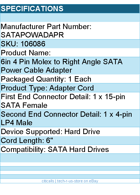 StarTech SATAPOWADAPR 6inch 4 Pin Molex to Right Angle SATA Power Adapter RTL
