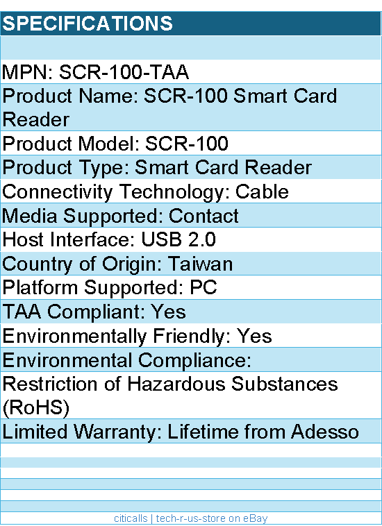 Adesso SCR-100-TAA SCR-100 Smart Card Reader - Contact - Cable - USB 2.0
