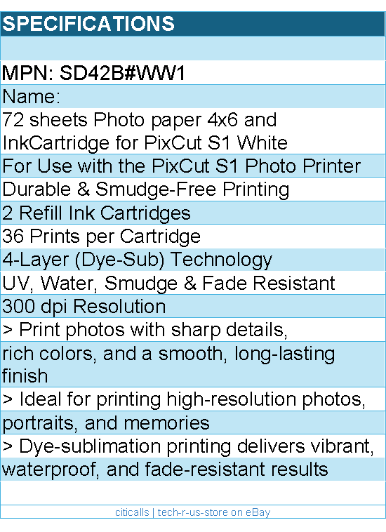 Liene SD42B#WW1 72 sheets Photo paper 4x6 & InkCartridge for PixCut S1 White