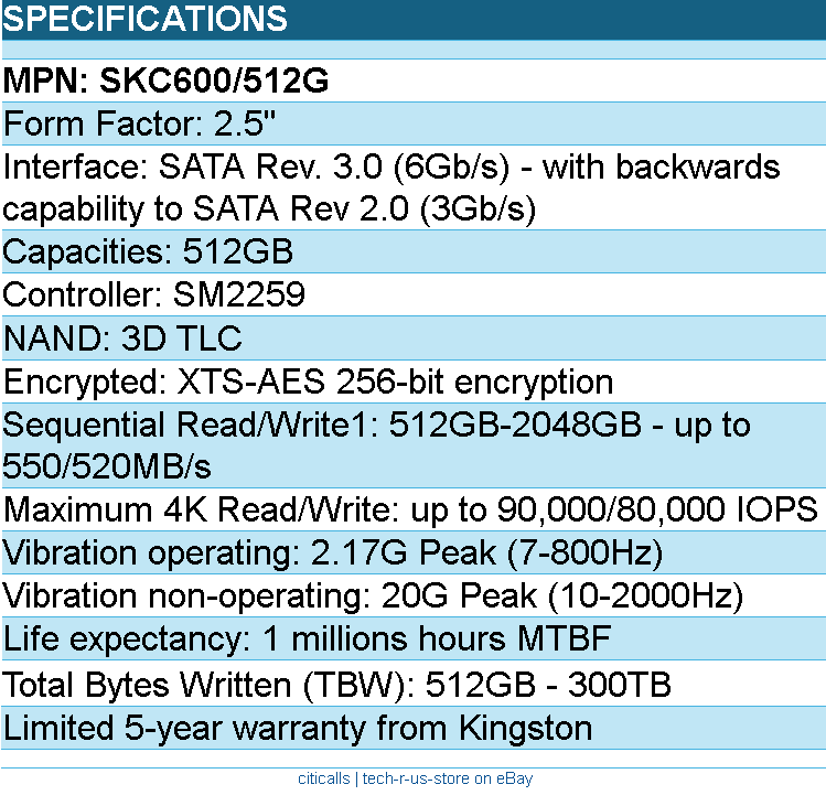 Kingston SKC600/512G Solid State Drive - 512G KC600 2.5" Retail