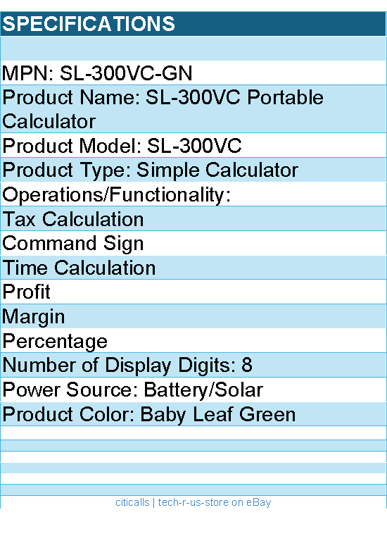 Casio SL-300VC-GN SL-300VC Portable Calculator - Battery/Solar Powered