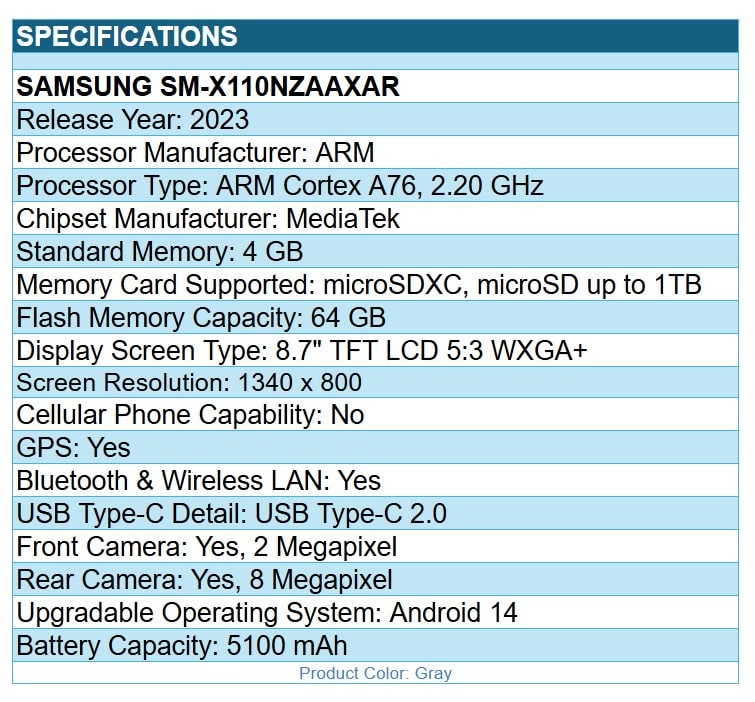Samsung SM-X110NZAAXAR Galaxy Tab A9 8.7" WXGA+ Tablet OctaCore 4GB 64GB Gray