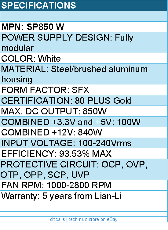 Lian-Li SP850 W Power Supply - 850W APFC 80+ GOLD Full modular SFX White Retail