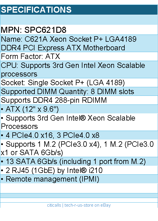 ASRock SPC621D8 Server Motherboard - C621A Xeon Socket P+ LGA4189 DDR4 PCIe ATX