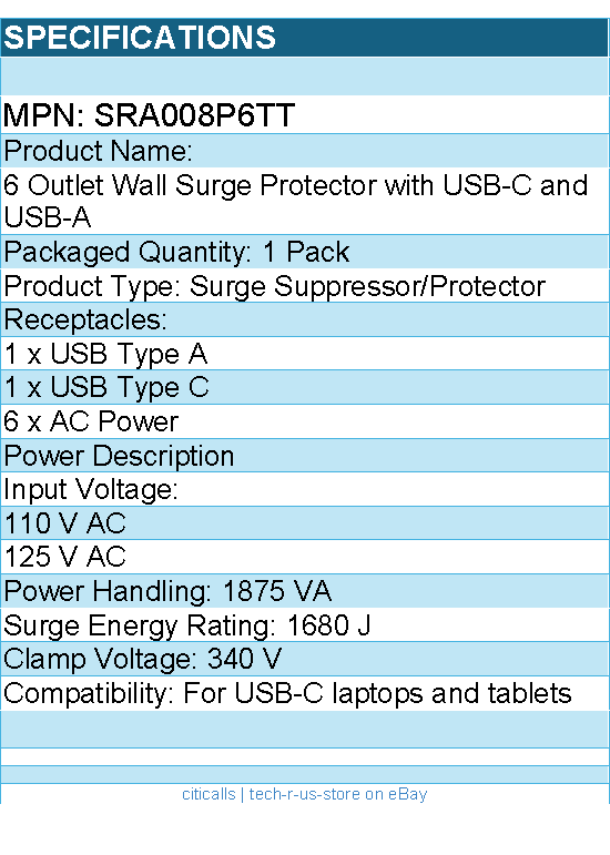 Belkin SRA008p6tt 6-Outlet Surge Protector Power Strip, Wall-Mountable