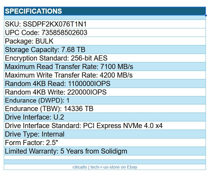 Solidigm SSDPF2KX076T1N1 D7-P5520 7.68TB 2.5" SSD PCIe NVMe 4.0x4 3D4 TLC NoOpal