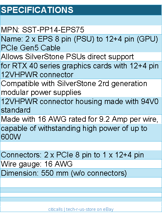 Silverstone SST-PP14-EPS75 2 x EPS 8 pin (PSU) to 12+4 pin (GPU) PCIe Gen5 Cable