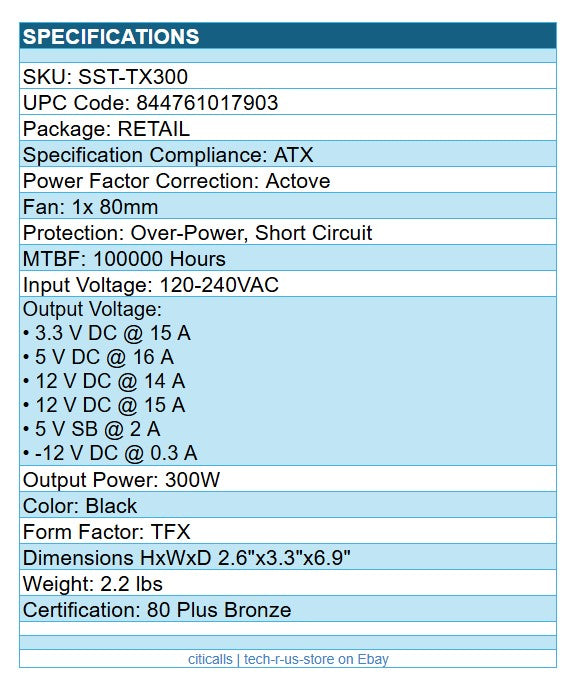 SilverStone SST-TX300 TFX ATX Power Supply 80+ Bronze PCIE 6Pin Active PFC Black