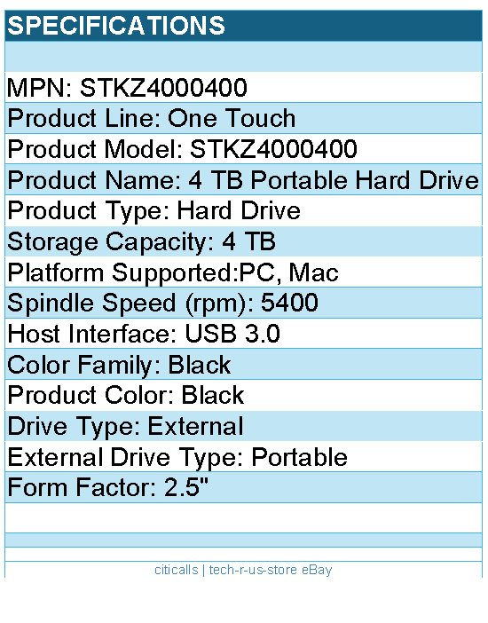 Seagate STKZ4000400 One Touch 4 TB Portable Hard Drive - 2.5" External - Black