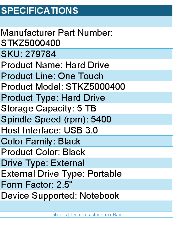 Seagate STKZ5000400 One Touch 5 TB Portable Hard Drive - 2.5" External - Black