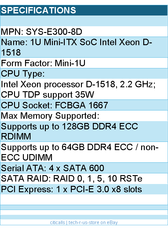 Supermicro SYS-E300-8D System - Mini-1U Xeon D-1518 FCBGA 1667 2.5Fixed Drive