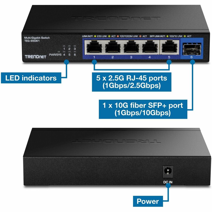 TRENDnet TEG-S5061 6-Port 2.5G Unmanaged Switch with 10G SFP+ Port