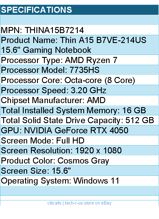 MSI THINA15B7214 Thin A15 B7VE-214US 15.6" Gaming Notebook - Full HD