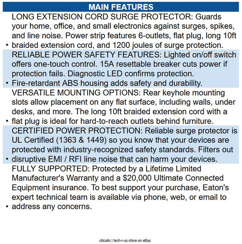 Eaton TLP610DB 6-Outlet Surge Protector - 5-15R Outlets, 1200 Joules, 10 ft. 3 m