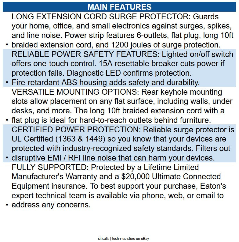 Eaton TLP610DB 6-Outlet Surge Protector - 5-15R Outlets, 1200 Joules, 10 ft. 3 m