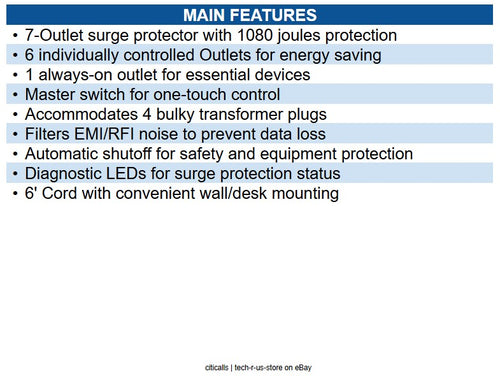 Eaton TLP76MSGB ECO-Surge 7-Outlet Surge Protector 6' (1.83 m) Cord, 1080 Joules